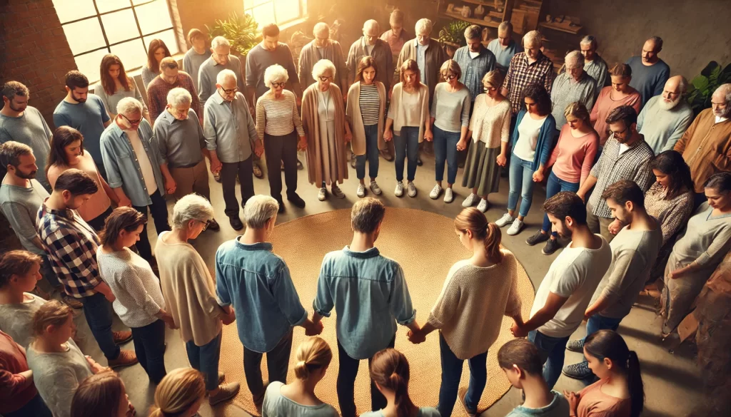 DALL·E-2024-10-25-00.49.50-A-wide-heartwarming-scene-of-a-group-of-people-gathered-in-prayer-symbolizing-the-importance-of-community.-The-group-includes-individuals-of-differe-1024x585 A Presença de Deus: Descanso e Propósito para a Vida