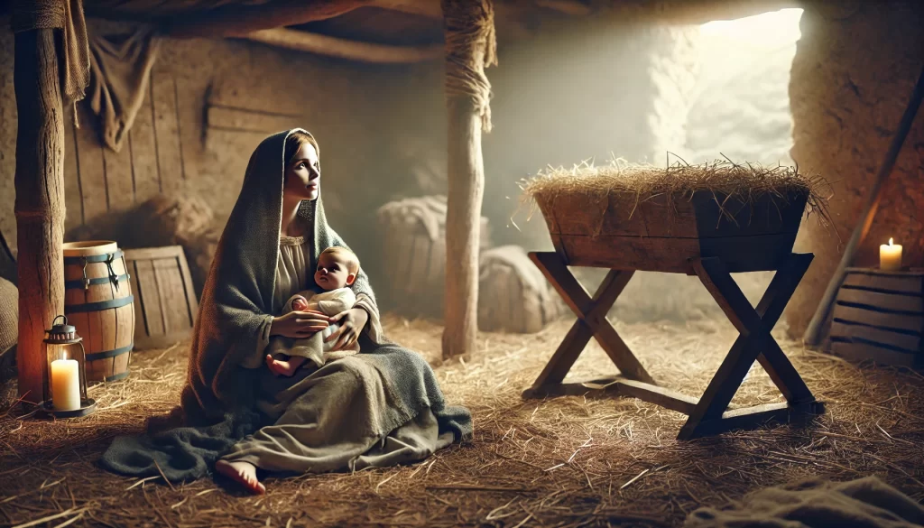 DALL%C2%B7E-2024-12-15-21.19.35-A-biblical-scene-depicting-Mary-holding-baby-Jesus-in-a-simple-natural-setting-reminiscent-of-ancient-Bethlehem.-Mary-is-portrayed-wearing-traditiona-1024x585 Profecias sobre o Nascimento de Jesus: Revelações do Antigo Testamento
