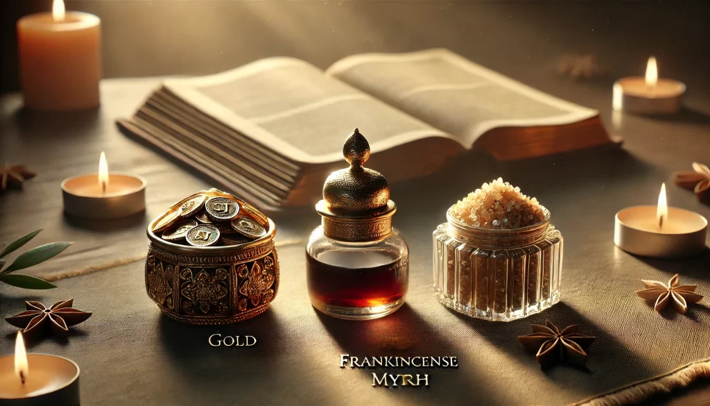 a-imagem-dos-tres-presentes-%E2%80%94-ouro-incenso-e-mirra-%E2%80%94-com-uma-Biblia-aberta-ao-fundo-simbolizando-o-significado-espiritual-dos-presentes-dos-Reis-Magos-1024x585 Reis Magos: Quem Eram e Qual o Significado da Sua Visita a Jesus?