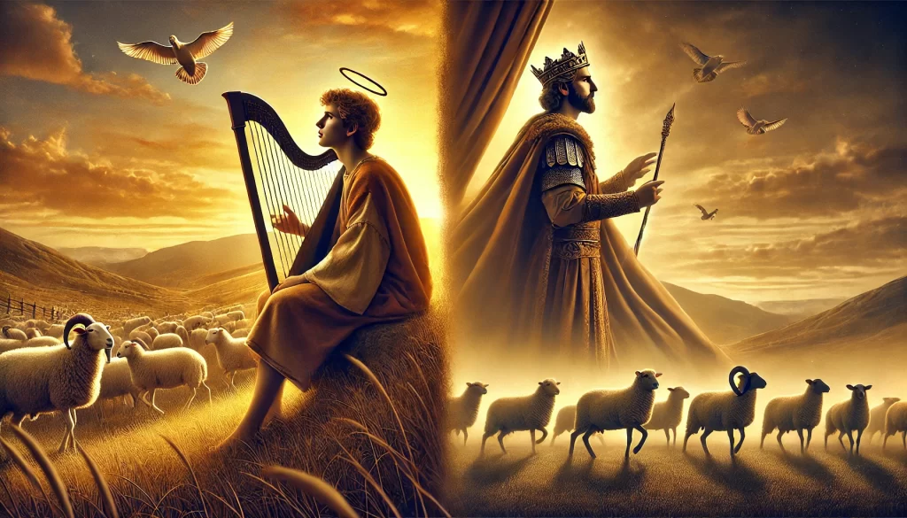 a-ilustracao-de-Davi-em-duas-fases-de-sua-vida-%E2%80%94-como-jovem-pastor-com-sua-harpa-e-como-rei-ungido-com-a-coroa-1024x585 Os Tipos de Cristo no Antigo Testamento
