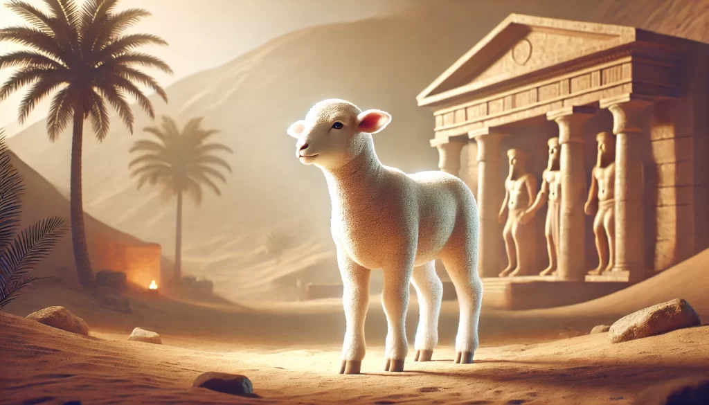 DALL·E-2025-03-07-11.07.00-A-high-definition-cinematic-illustration-of-a-flawless-Passover-lamb-pure-white-and-without-blemish-standing-in-a-desert-landscape-reminiscent-of-a-1024x585 O Êxodo e a Primeira Páscoa: A Libertação do Egito