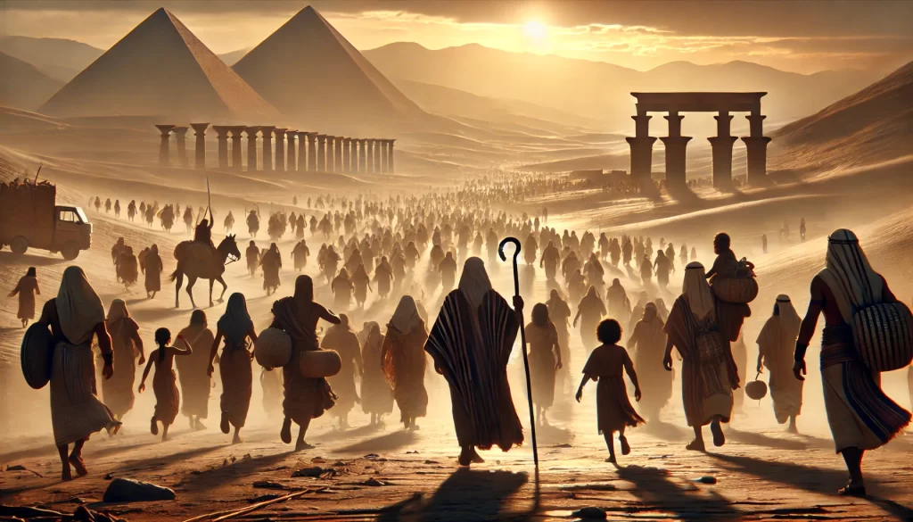 DALL·E-2025-03-07-12.27.03-A-high-definition-cinematic-illustration-of-the-Hebrews-leaving-Egypt-after-the-first-Passover.-Moses-leads-the-people-staff-in-hand-as-men-women-1024x585 O Êxodo e a Primeira Páscoa: A Libertação do Egito