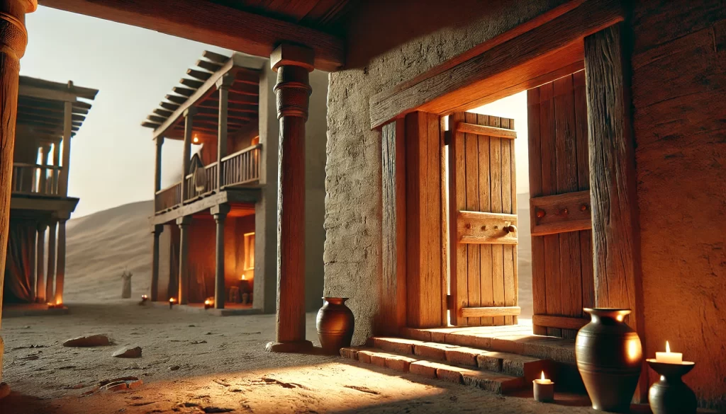 DALL·E-2025-03-07-12.27.14-A-high-definition-cinematic-illustration-of-an-ancient-Hebrew-house-in-Egypt-during-the-first-Passover.-The-main-focus-is-on-the-doorway-where-the-w-1024x585 O Êxodo e a Primeira Páscoa: A Libertação do Egito