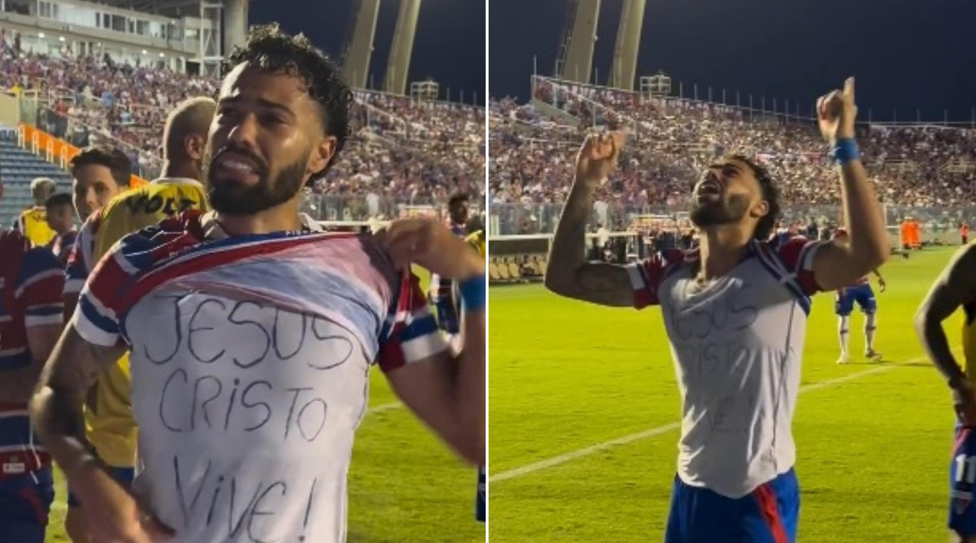 119171445-calebe Jogador do Fortaleza comemora gol com mensagem cristã em camiseta: “Jesus Cristo vive!”