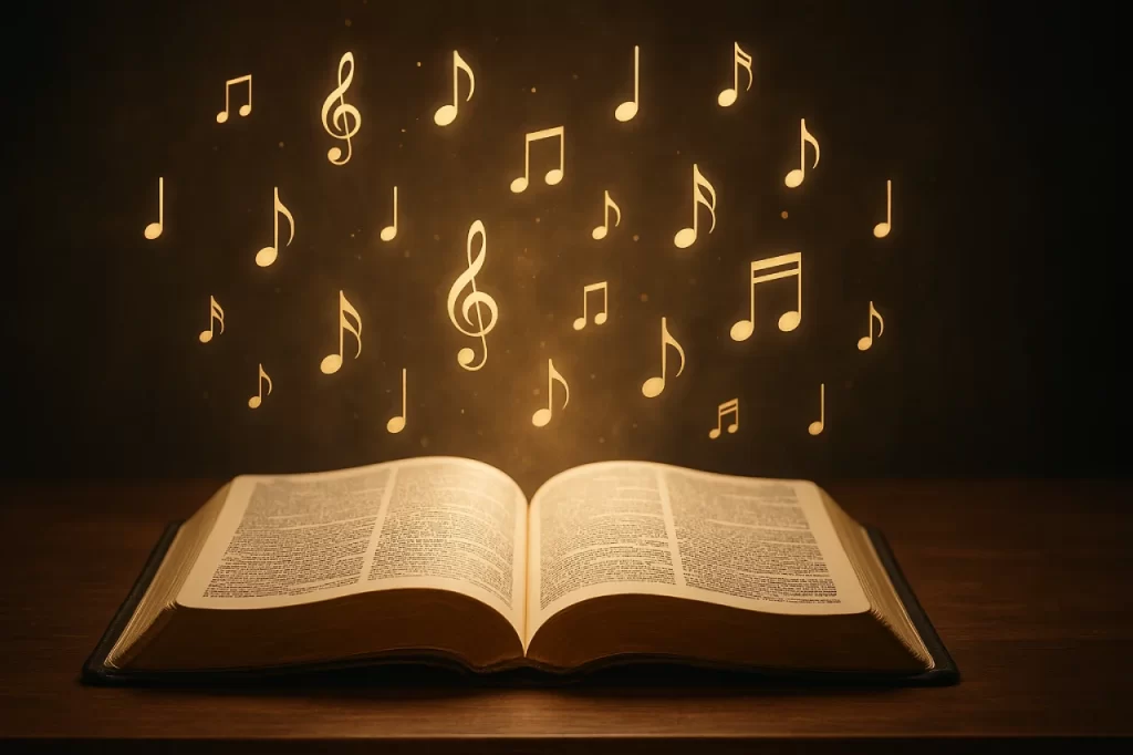 Biblia-aberta-sobre-um-altar-com-notas-musicais-ao-redor-1024x682 Louvor ou Espetáculo? Quando a Música Toma o Lugar da Palavra