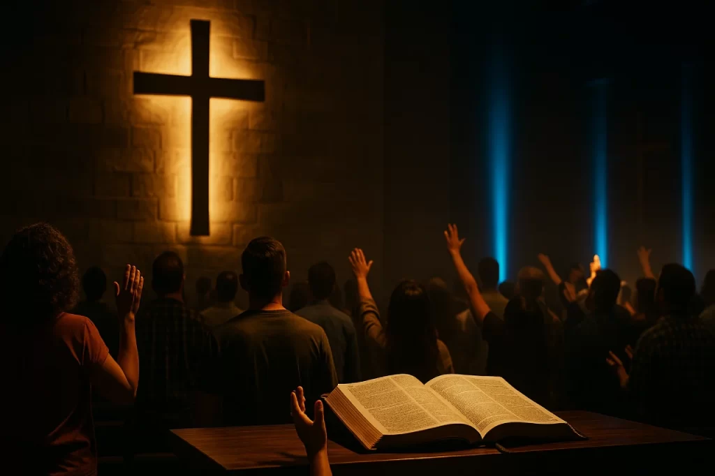 Congregacao-adorando-com-foco-em-Cristo-crucificado-1024x682 Egolatria no Altar: Quando o Homem Toma o Lugar de Cristo