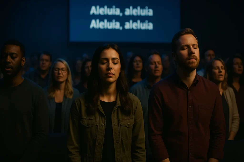 Congregacao-de-olhos-fechados-enquanto-a-tela-projeta-frases-repetitivas-1024x682 Louvor ou Espetáculo? Quando a Música Toma o Lugar da Palavra