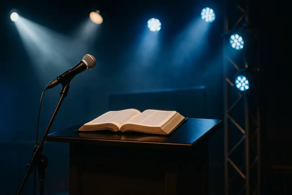 Luzes-de-palco-e-microfone-sobre-pulpito-moderno-contrastando-com-uma-Biblia-aberta-1024x682 Fama no Altar: O Perigo da Autopromoção no Ministério