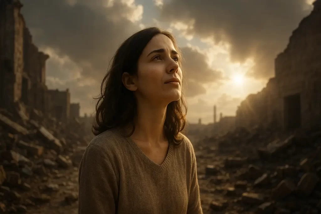 Pessoa-olhando-para-o-ceu-entre-ruinas-com-semblante-sereno-1024x682 Entre o Medo e a Fé: Como os Cristãos Devem Encarar a Guerra