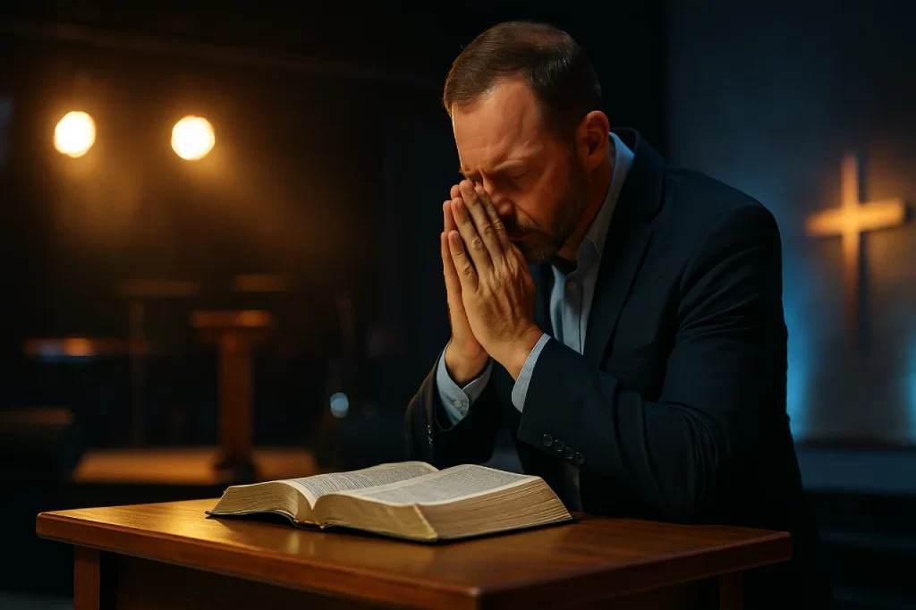 Pregador-em-oracao-diante-do-pulpito-com-a-Biblia-aberta-1024x682 Do Púlpito ao Palco: O Pregador Coach e o Sermão de Autoajuda