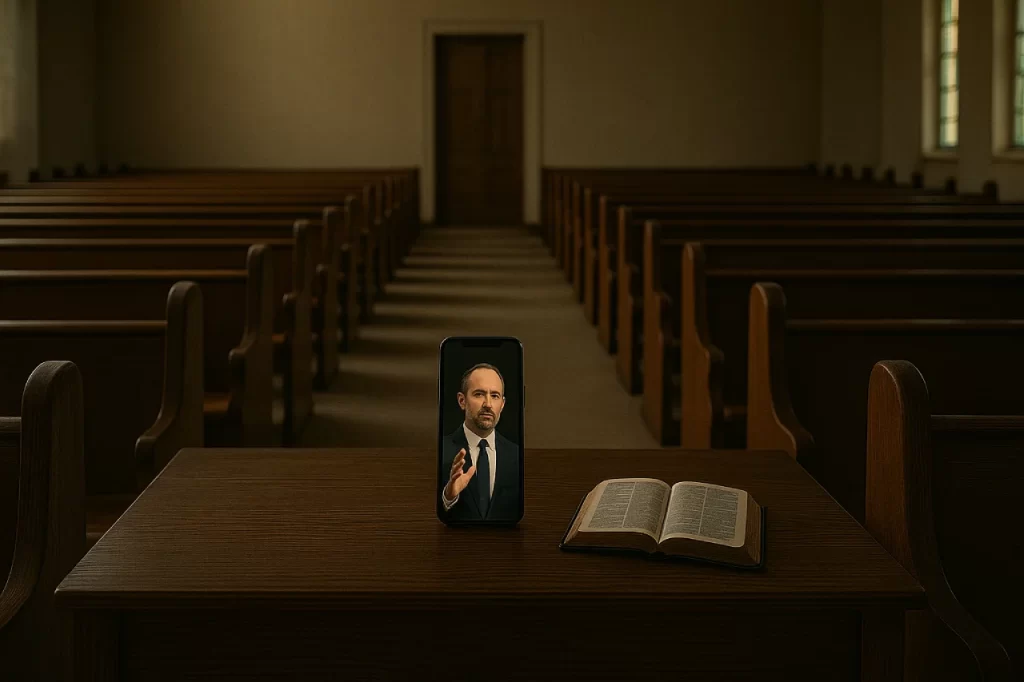 Igreja-vazia-com-bancos-alinhados-e-uma-tela-de-celular-acesa-no-centro-1024x682 Self-Service Espiritual: A Inanição da Igreja na Era Digital
