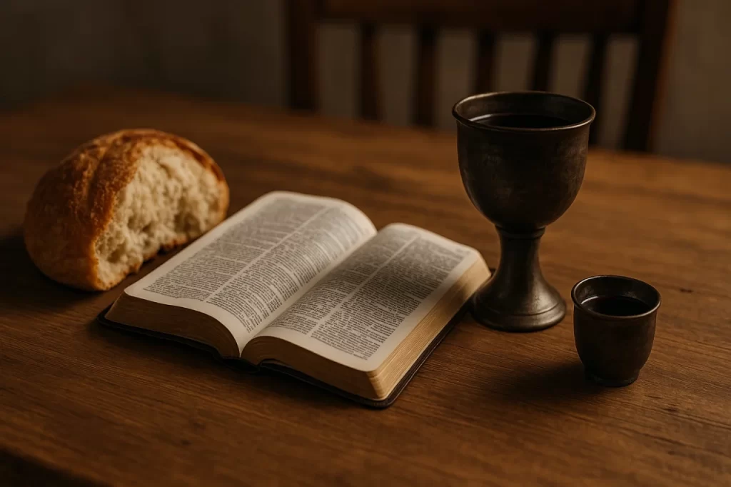 Mesa-posta-com-Biblia-aberta-pao-e-calice-%E2%80%94-simbolizando-comunhao-1024x682 Self-Service Espiritual: A Inanição da Igreja na Era Digital