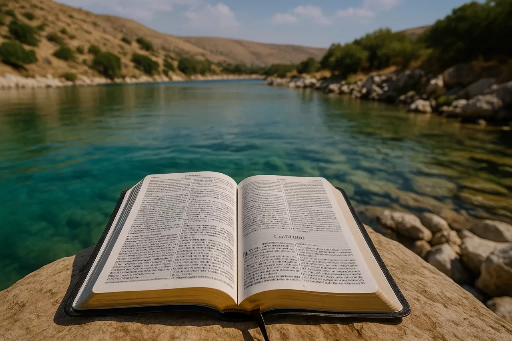 Paisagem-com-aguas-cristalinas-e-uma-Biblia-aberta-em-Exodo-1024x682 Jeová Rafah: O Que Significa o Nome de Deus Que Cura?